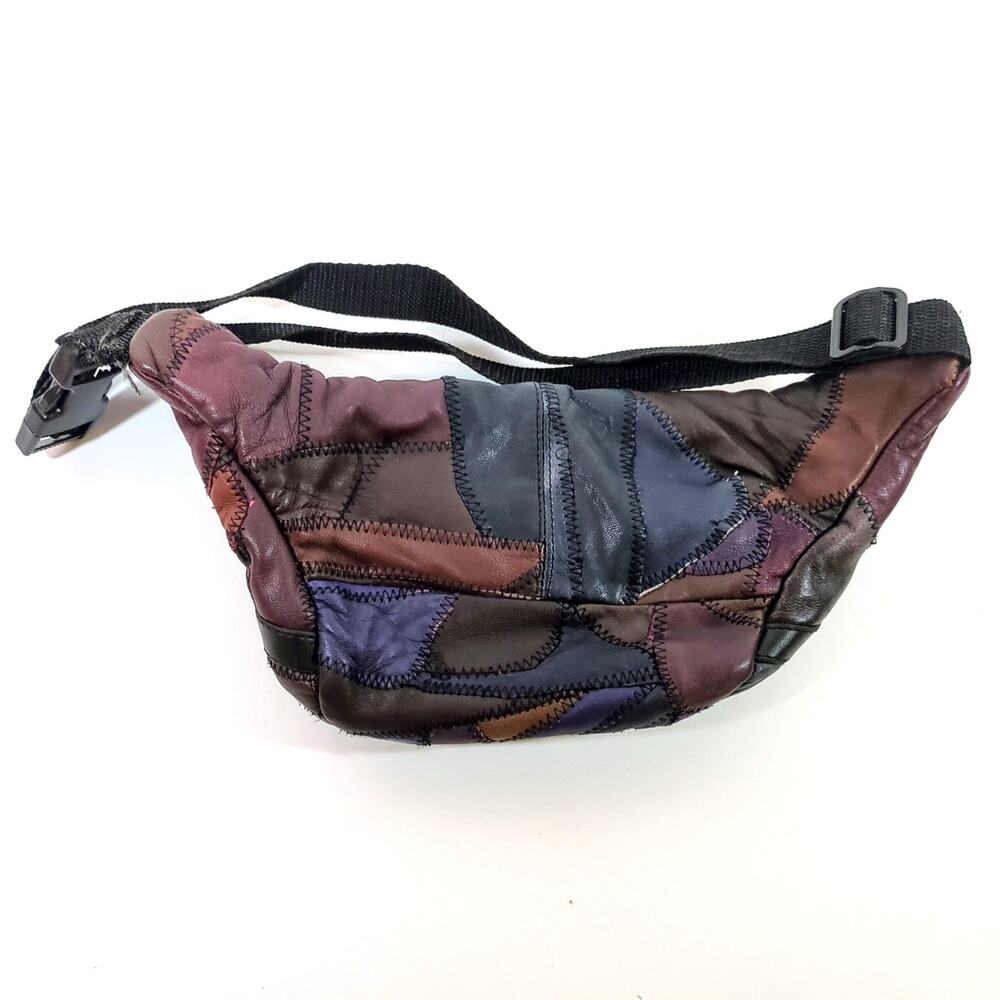 VTG Leather Patchwork Fanny Pack Brown Purple Blue Tan Belt Bag 9 x 5.5 x 3" 80s - Picture 3 of 10